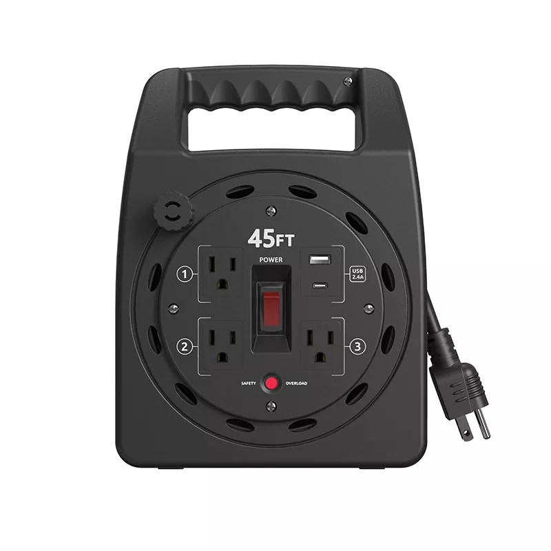 3 розетки Usb2.4a пластикова котушка для шнура 45 футів із захистом від перевантаження 3 розетки Usb2.4a пластикова котушка для шнура 45 футів із захистом від перевантаження