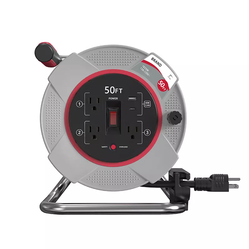 3 розетки USB2.4a пластикова котушка для шнура 50 футів із захистом від перевантаження 3 розетки USB2.4a пластикова котушка для шнура 50 футів із захистом від перевантаження